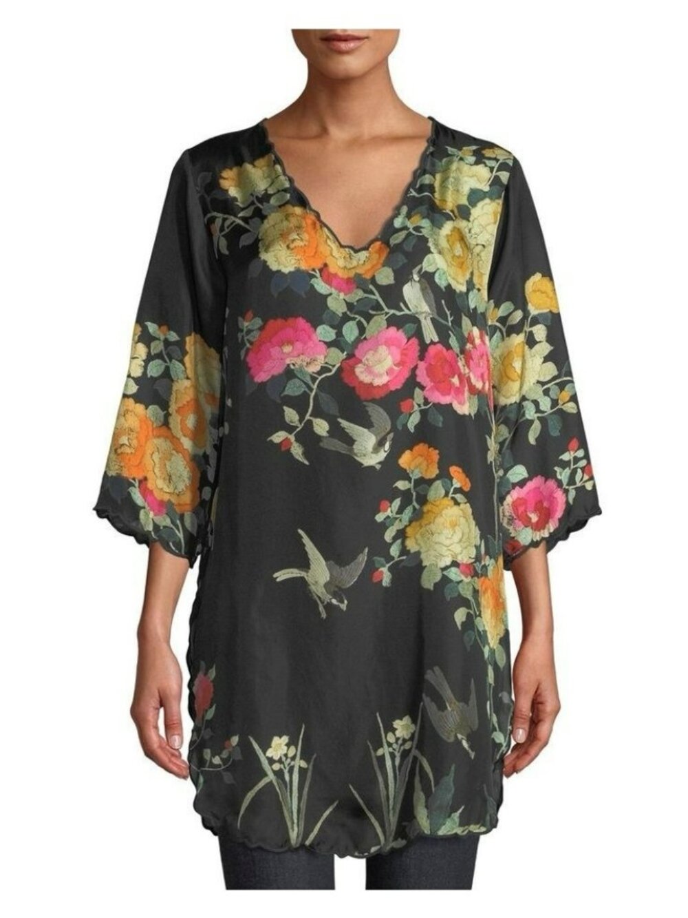 Johnny Was Charlotte Rose Scalloped Silk Tunic Size M ? Floral Birds